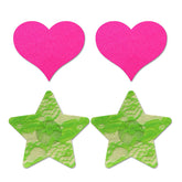 Glow Fashion Pasties Set with Neon Green Lace Stars and Neon Pink Satin Hearts - 2 Sets Included Pasties